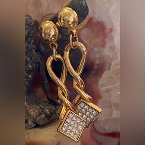 Vintage Park Lane Romantic Knot Gold Tone CZ Dangle Pierced Earrings